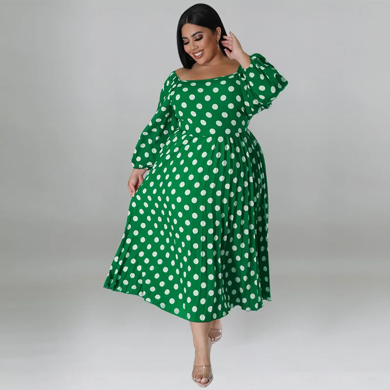 Plus Size Dress Long Sleeve Mid-Calf Belt Lantern Sleeve Square Collar Party Dresses Evening Dresses Elegant Dresses for Women