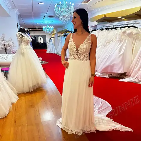 Sleeveless Chiffon Wedding Dresses for Women 2023 Bride V-neck Bridal Gown Appliques Lace Simple Custom Made Vestidos De Novia
