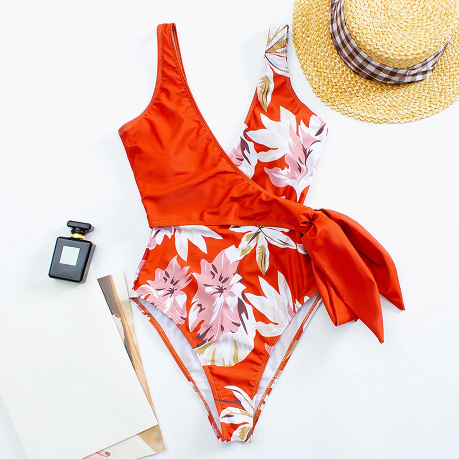 

2022 Swimming Suit For Women Fashion Floral Plant Printing Patchwork One Piece Belt Swimsuit Bathing Suit Beach Swimwear Monokin