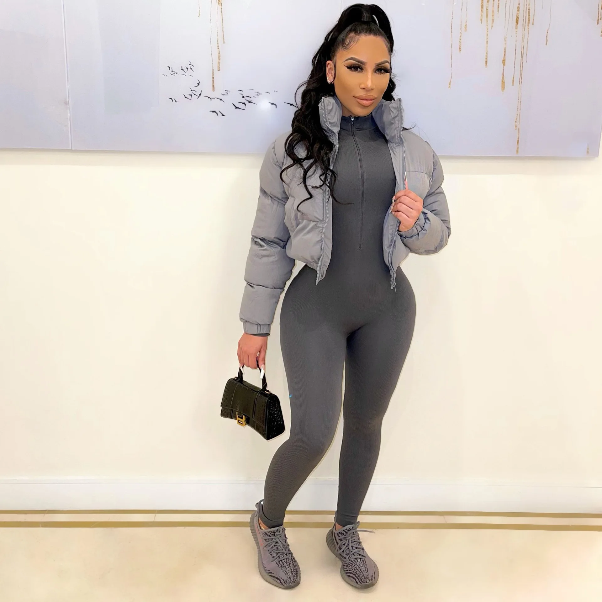 Bubble Puffer Coats Crop Jacket Fur Collar Casual Thick Warm Down Cropped Coat 2022 Women Y2K Clothes Streetwear Letter Jakcets