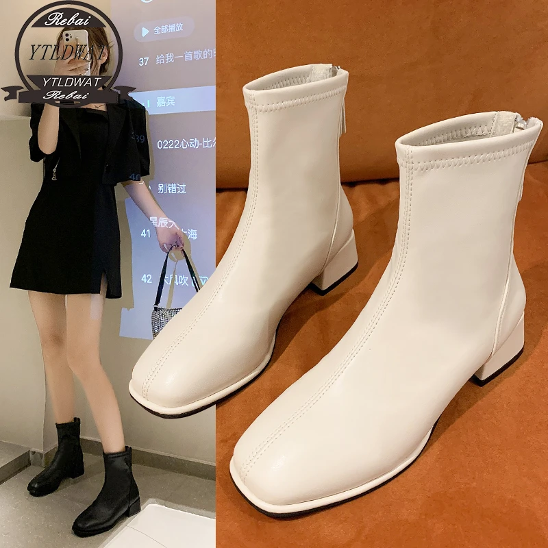 

Luxury Brand Women Beige Block High Heels Ankle Boots 2022 NEW Winter Female Square Toe Chelsea Boots High Quality Short Boots