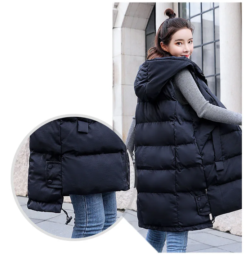 Women mid-length cotton hooded vest coat autumn winter new Ladies hooded outer wear Korean loose vest jacket Lady