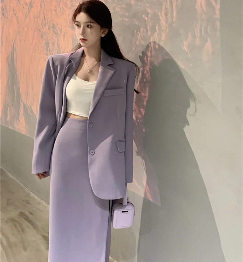 

Spring and autumn new women's office suits with skirt two-piece, purple solid color chic suit jacket, high waist hip skirt