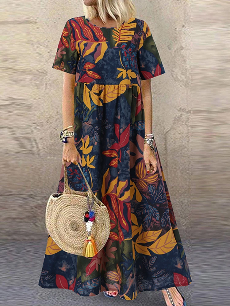 ZANZEA Fashion Summer Maxi Dress Women's Printed Sundress Casual Short Sleeve Vestidos Female High Waist Robe Femme
