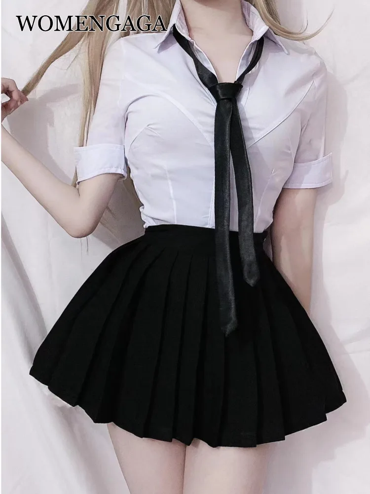 

Skirt WOMENGAGA OL JK Set Elegant Slim Shirt White Blouse + Pleated Mini Skirts Two Piece Set Korean Sexy Hot Tops 2022 G8VG
