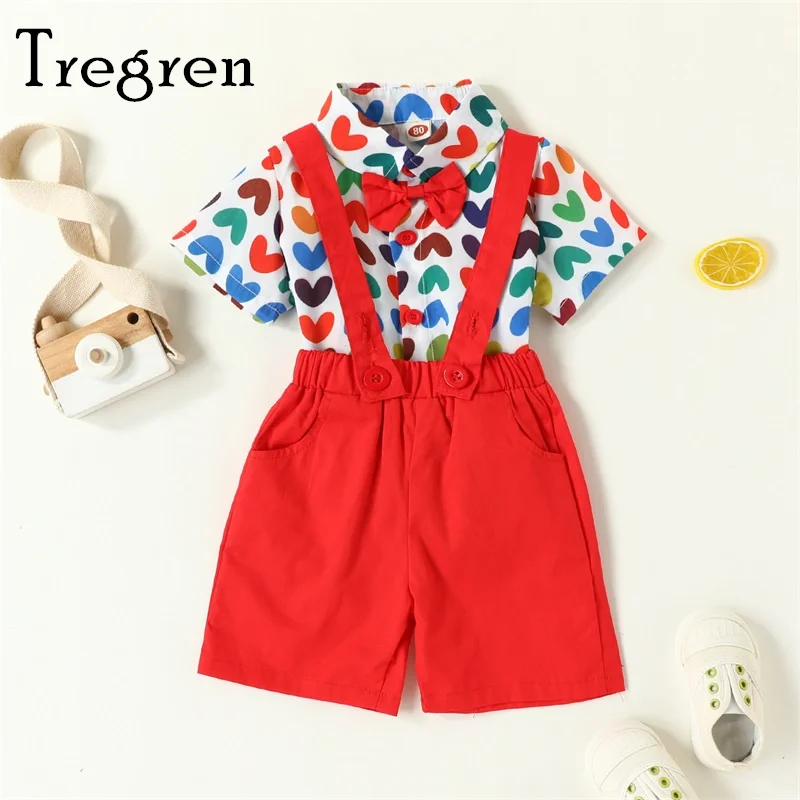 

Tregren Toddler Baby Boys Gentleman Outfit Summer Short Sleeve Heart Print Shirt Red Suspender Shorts 2pcs Clothes Set For 0-3Y