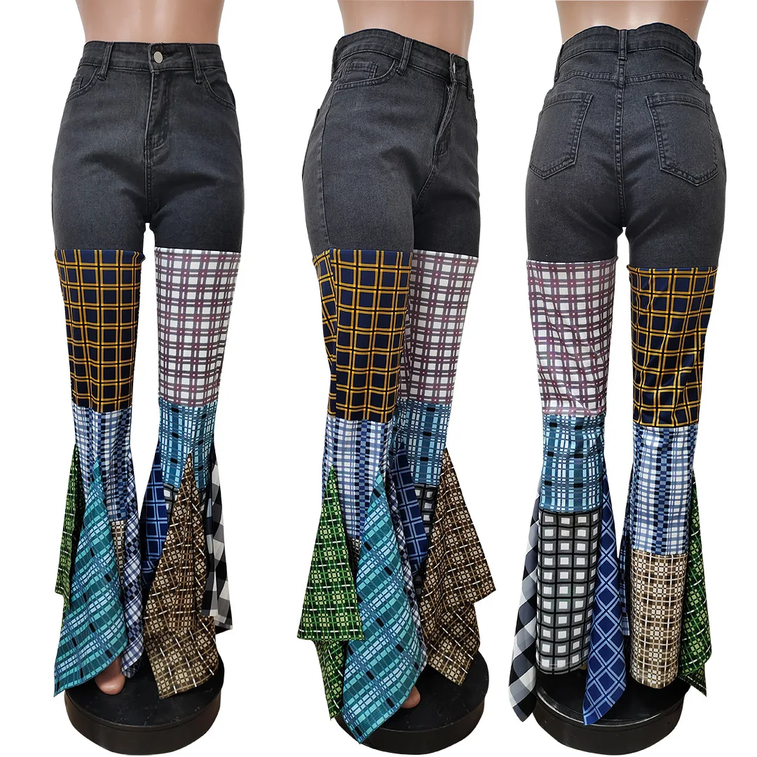 Jeans Flare Pants Denim Plaid Patchwork Ruffle Pants Women High Waist Button Fly Slim Boot Cut Denim Trousers Streetwear Capris