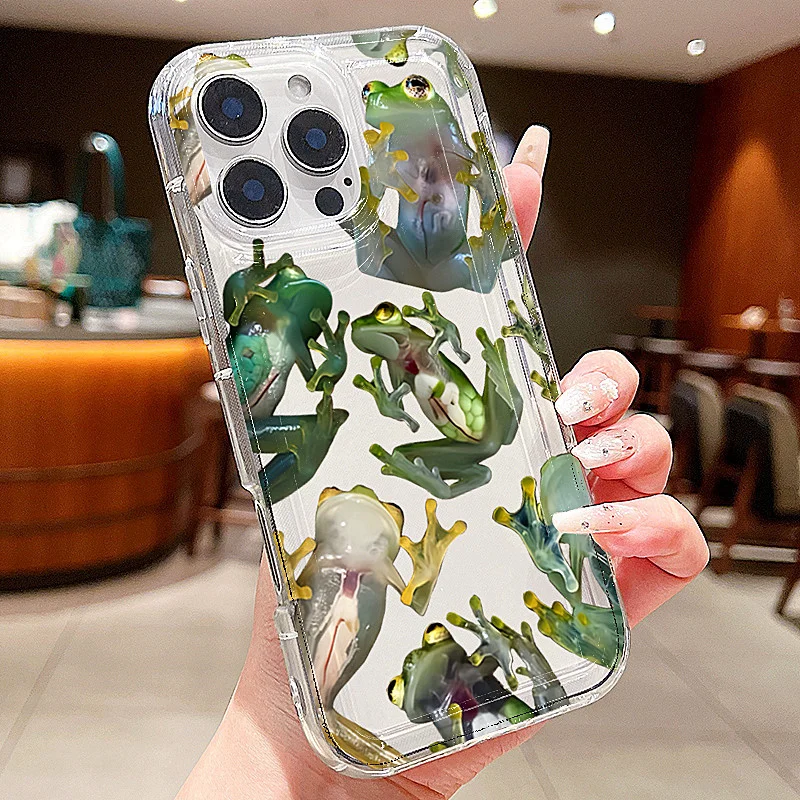 Фото Прозрачный чехол для телефона с реалистичным принтом лягушки для iPhone 17, 11, 12, 13, 14, 15, 16 Pro Max Plus 16E 17, противоударный чехол из ТПУ с забавными животными №2