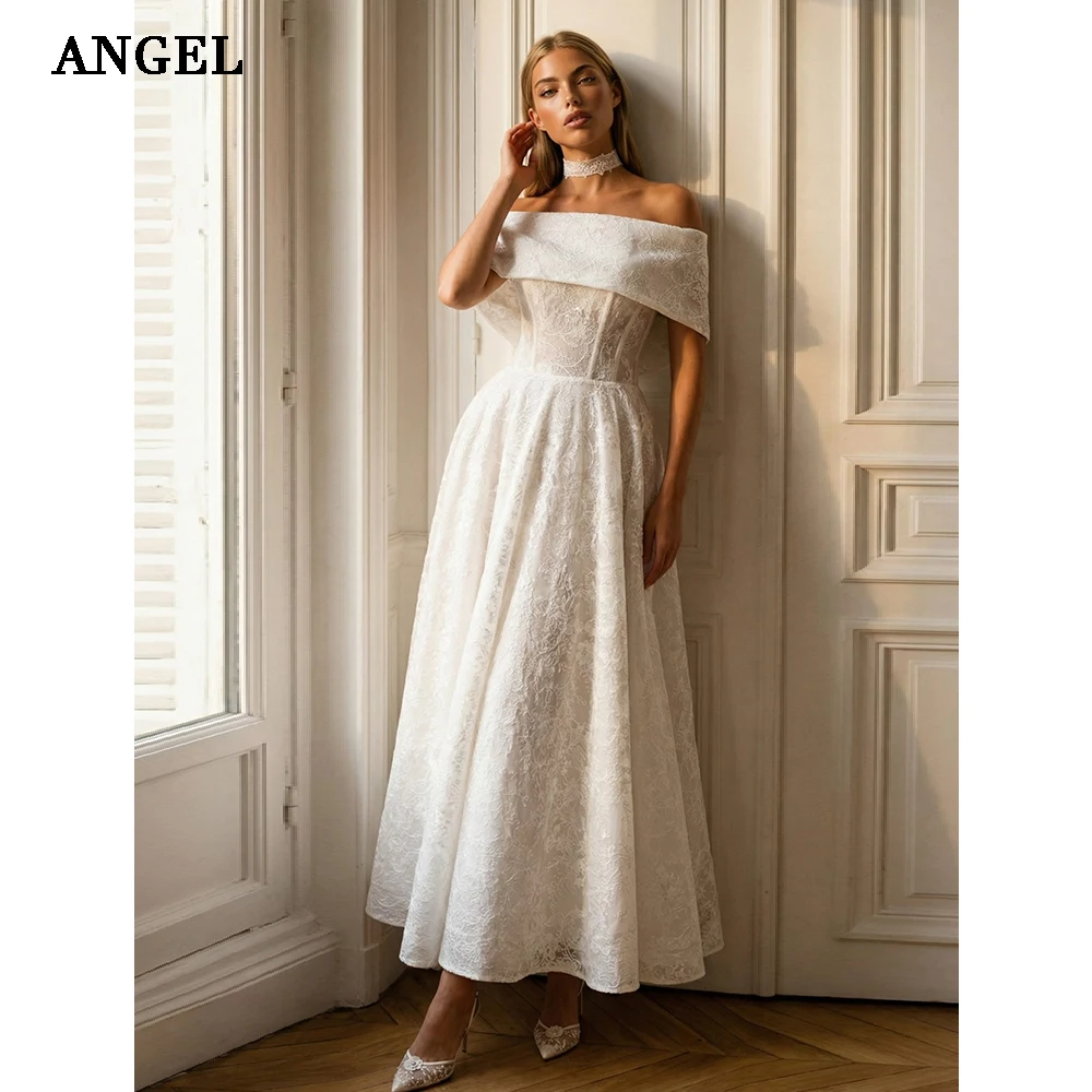 Фото Свадебные платья ANGEL Lace Midi 2026: Элегантное свадебное платье А-силуэта цвета слоновой кости с открытыми плечами, сексуальное, на заказ №1