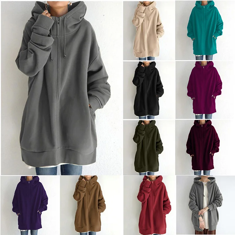 Women's Warm Long Hooded Sweatshirt Large Size Loose Zipper Casual Harajuku Long Sleeve Plus Fleece Sweater Winter Ladies Jacket