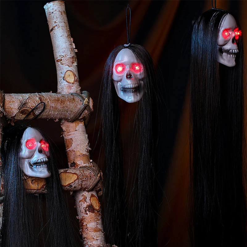 

Подвесной призрак на Хэллоуин, череп с длинными волосами, светящиеся глаза, ужас, Череп, призрак, голова, скелет, реквизит, украшение на Хэллоуин