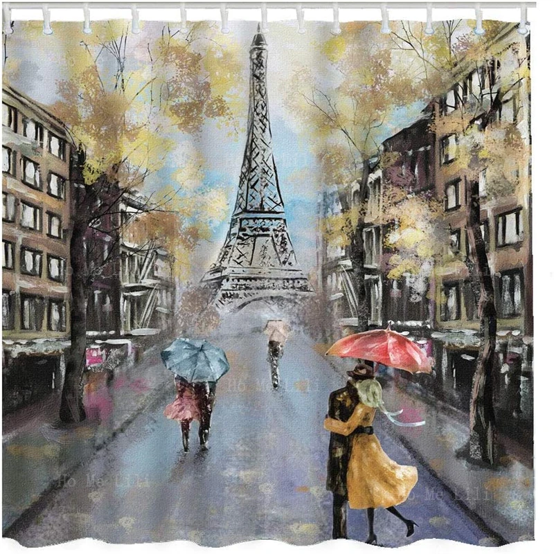 

Paris Oil Painting Autumn Lovers Kiss On Rainy France Street Eiffel Tower Shower Curtains Home Decor Polyester Fabric With Hooks