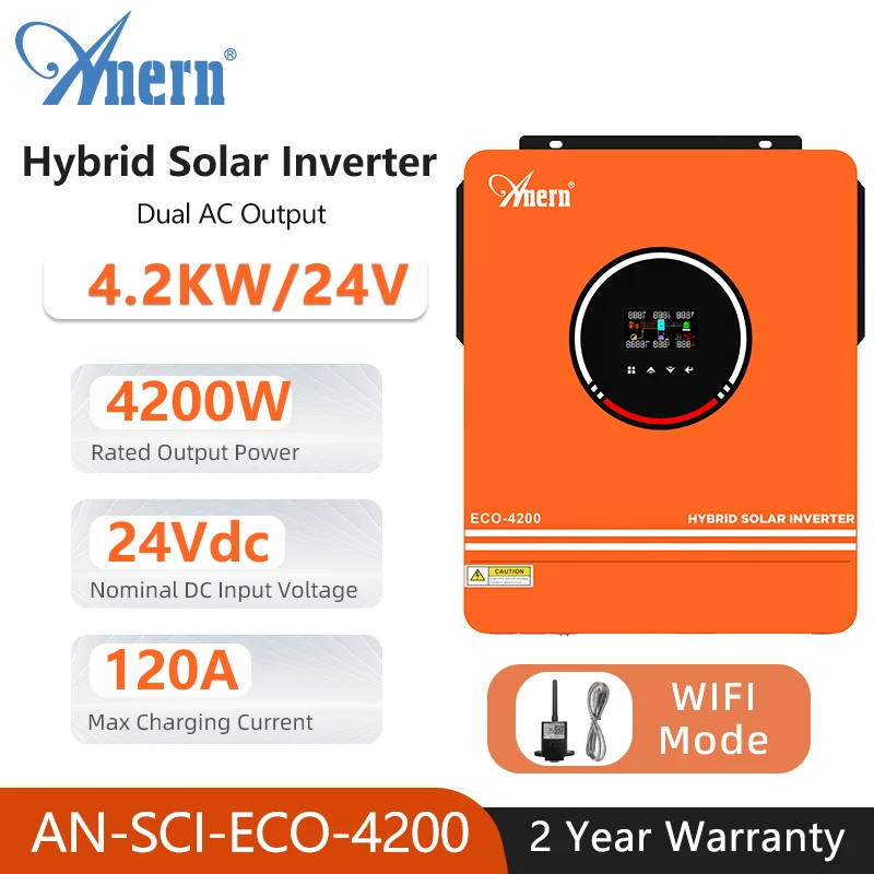 

4200W 3600W Hybrid Solar Inverter Dual AC Output Off Grid Pure Sine Wave Inverter 24V 230V PV Input Max 500vdc MPPT 120A Charger