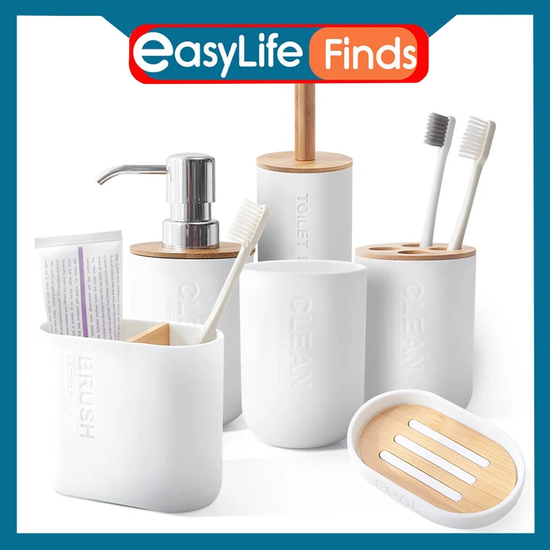 

Bathroom Accessories Set Designer Soap Lotion Dispenser Toothbrush Holder Soap Dish Tumbler or wood Bottle Cup Black/White/gray