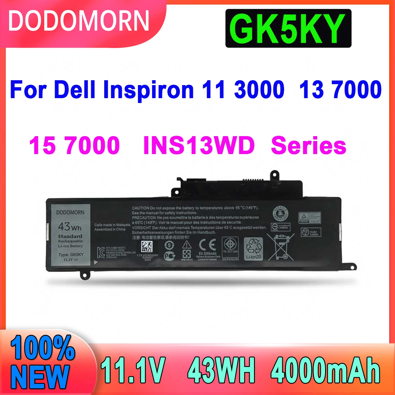 

DODOMORN Новый аккумулятор для ноутбука GK5KY для DELL Inspiron 13 "7000 серии 7347 7348 7352 7353 11" 7359 3147 15 "3148 04K8YH 43WH