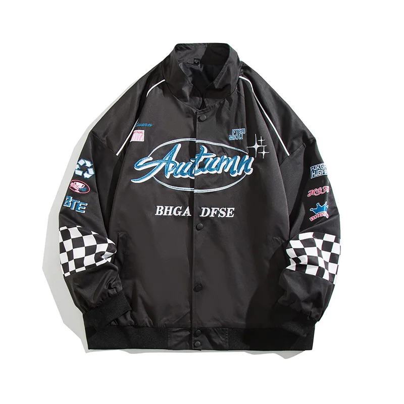 

Autumn Motorcycle Jackets Men Embroidery Plaid Jackets Fashion Streetwear Windproof American High Street Coats Men Clothing