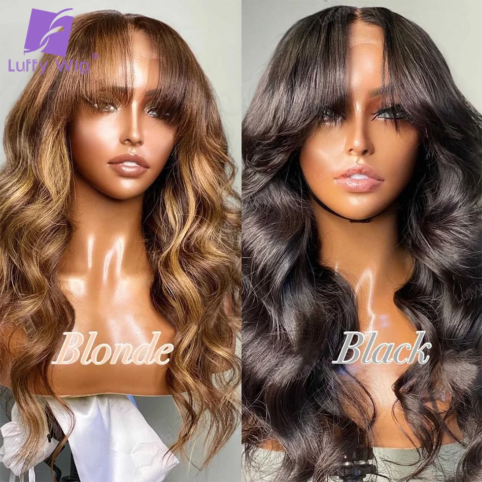 

Honey Blond Colored Wet Wavy Human Hair Wigs With Bangs Remy Brazilian Full Machine Made Wig Long Natural Chocolate For Women