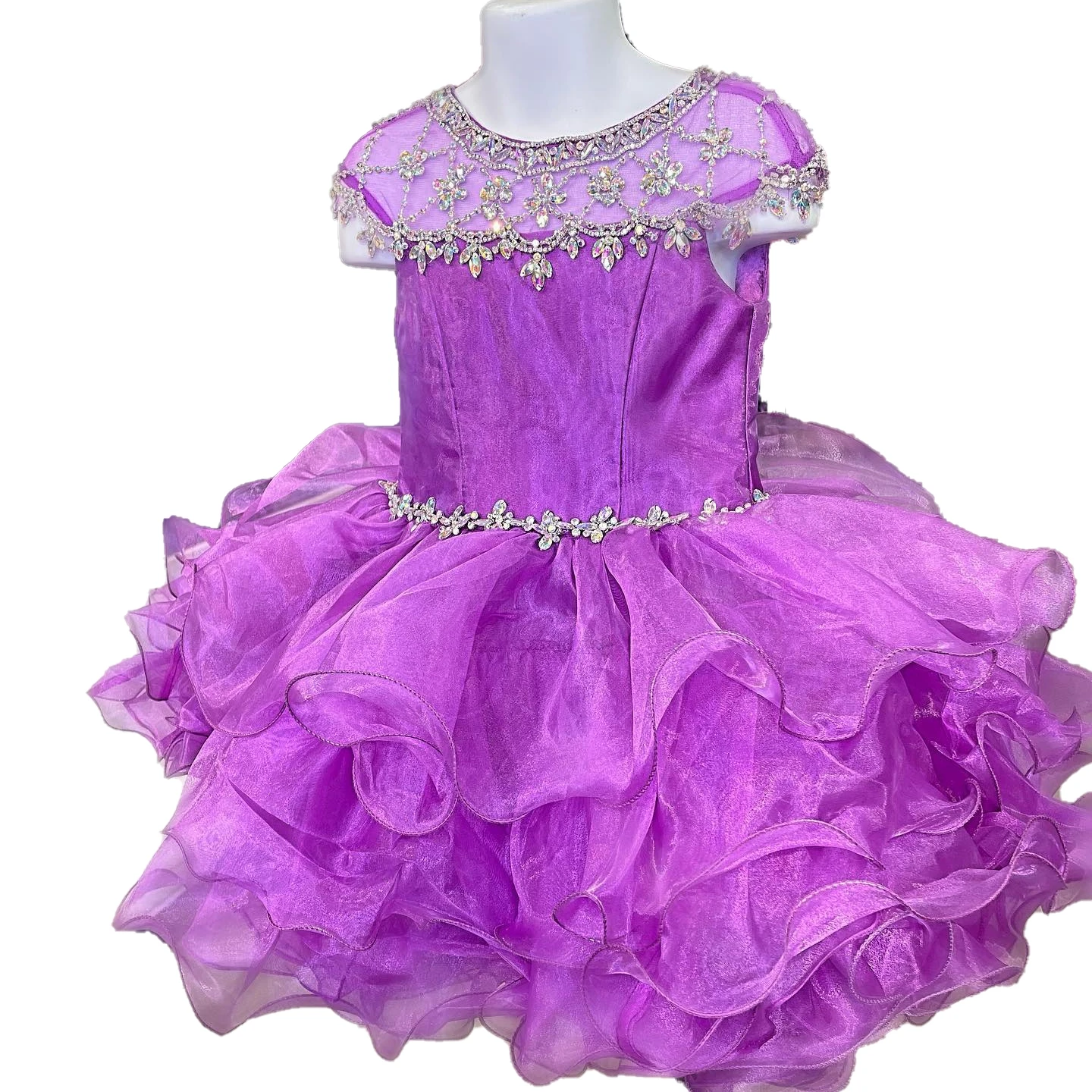 

Girl Cupcake Pageant Dress for Little Miss 2023 Glitz Baby Kid Birthday Party Tutu Gown Infant Toddler Red Purple Cap Sleeves