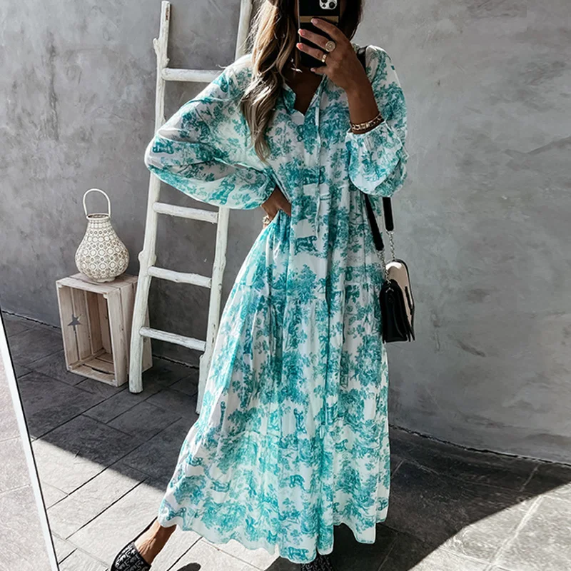 

Fashion Elegant Lace-Up Drawstring Dress New Summer Flower Print Long Sleeve Party Dresses Beach Casual V Neck Loose Maxi Dress