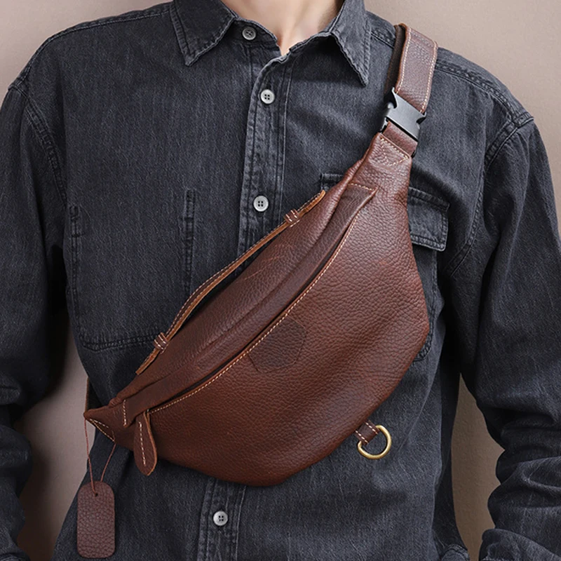 

AETOO New vintage leather men's chest bag daily casual tide men's crossbody bag single shoulder chest bag mobile phone Fanny pa