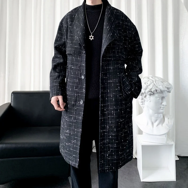 Winter Thicken Woolen Coat Men Warm Fashion Casual Plaid Woolen Coat Men Korean Loose Oversized Long Woolen Coat Mens Overcoat