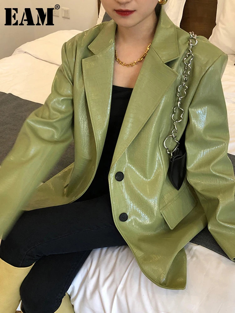 [EAM] Green PU Leather Big Size Women Blazer New Lapel Long Sleeve Loose Fit  Jacket Fashion Tide Spring Autumn 2023 1DD6461