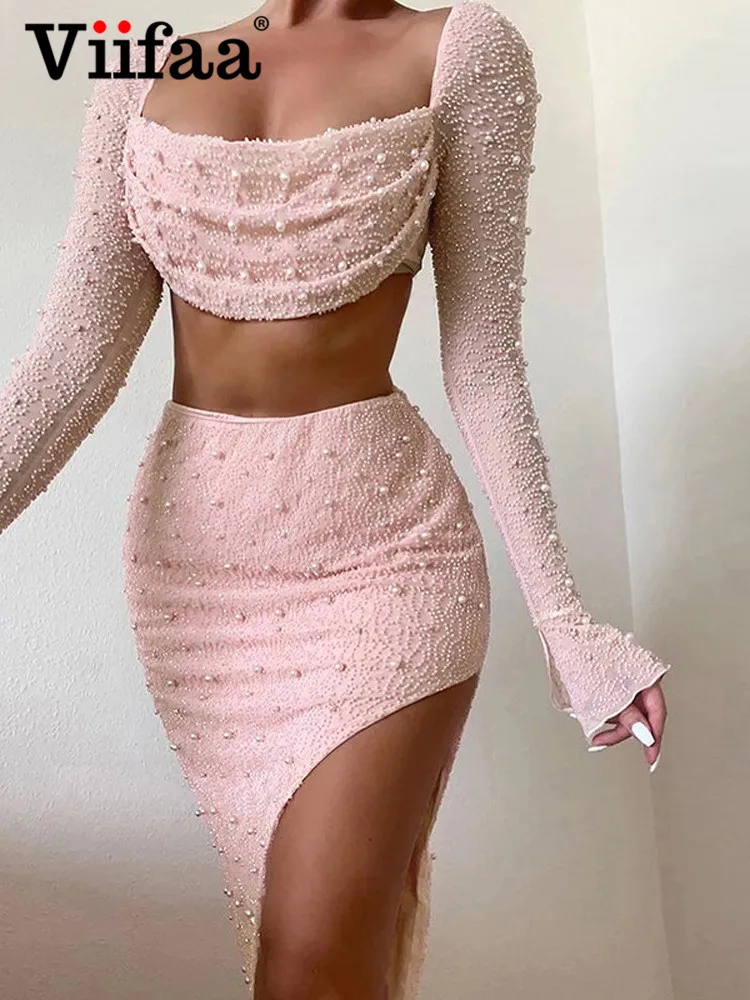 

Viifaa Sexy Birthday Outfits Square Neck Crop Top and Midi Skirt Beaded Two Piece Set Women Evening Party Club Sets