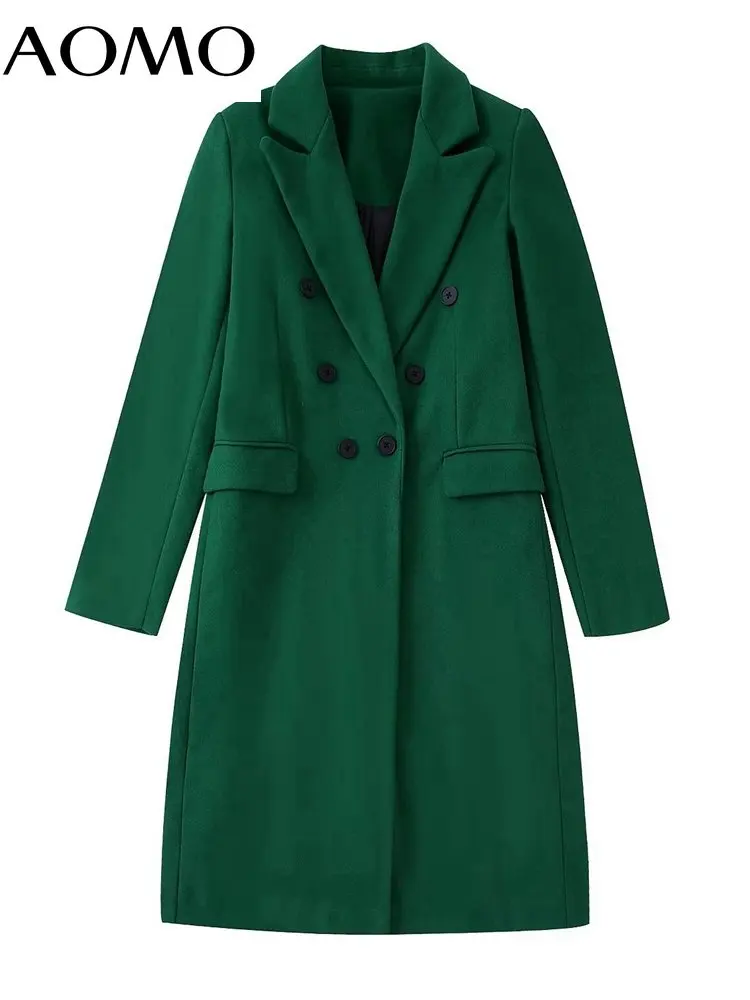 

AOMO Women 2022 Winter Dark Green Woolen Coat Long Sleeves Pocket Office Ladies Elegant Overcoat BE327A