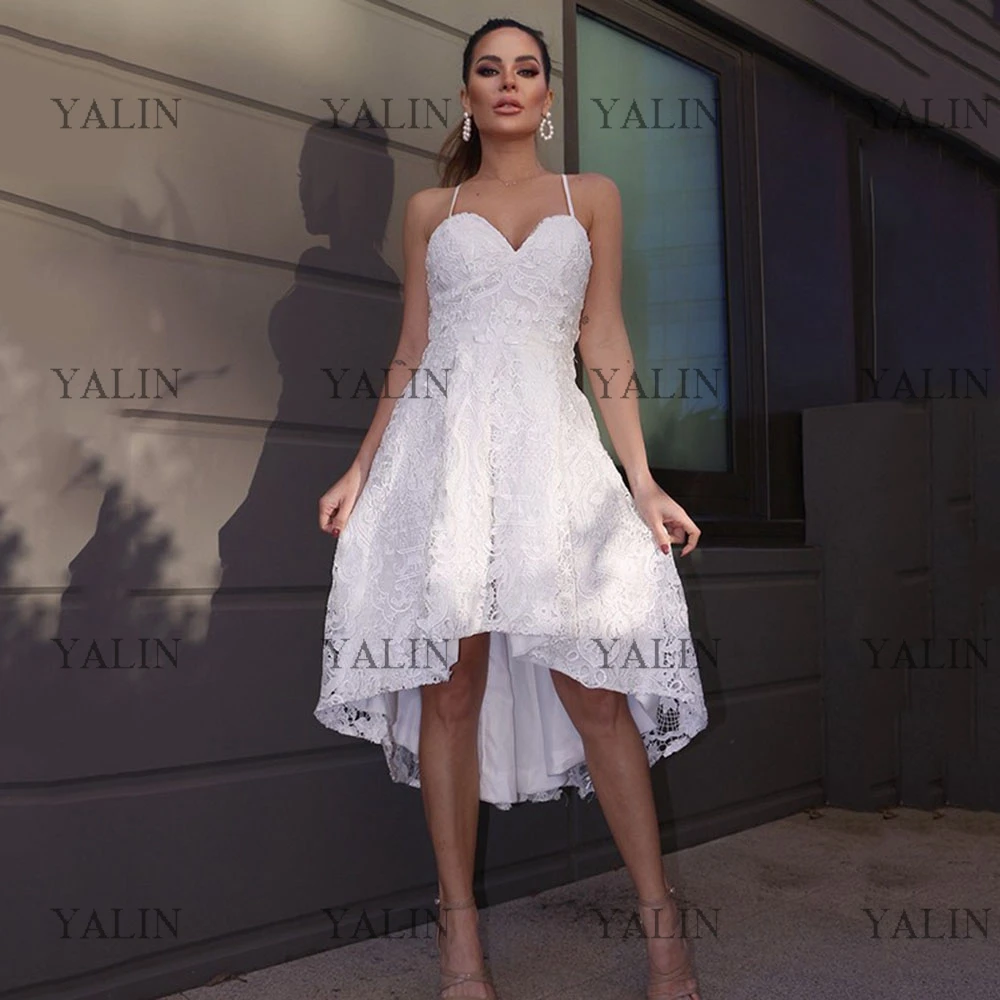 

YALIN Simple Spaghetiti Straps Porm Dresses High Low Sweetheart Neck Lace Graduation Gown Ruffles Sleeveless Evening Dress