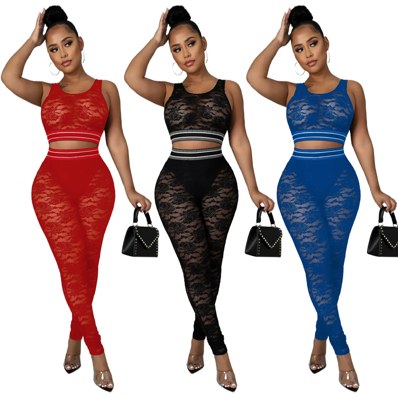 

Summer Dress Women 2022 Street Style Sexy Two-piece Suit Lace Crop Top Corset Top and Ribbed Trousers Two Piece Set Sexy Outfits