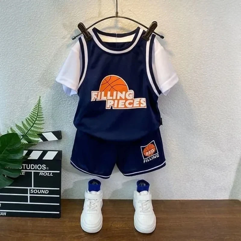 

Children'S Basketball Clothes 2022 Summer Boy'S Sports Letter Suit Casual Short Sleeve T Shirt Pants 2pcs Kids Vacation Outfits