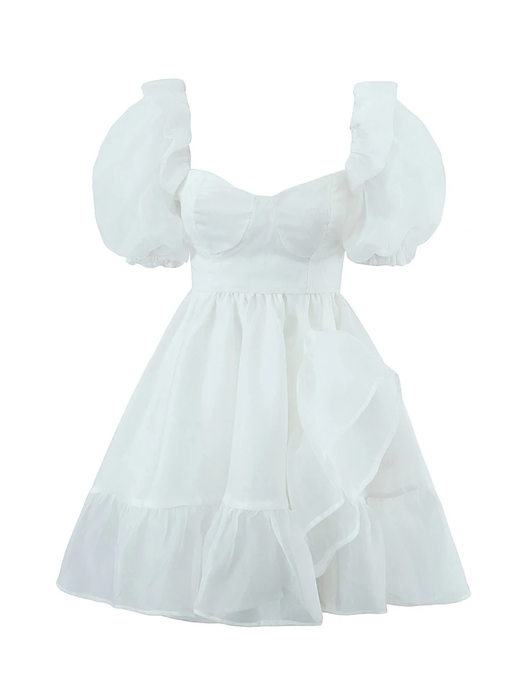 YENKYE Elegant Women White Princess Dresses Vintage Puff Sleeve Hem Ruffle Female Party Mini Robe Short Fairy Vestidos