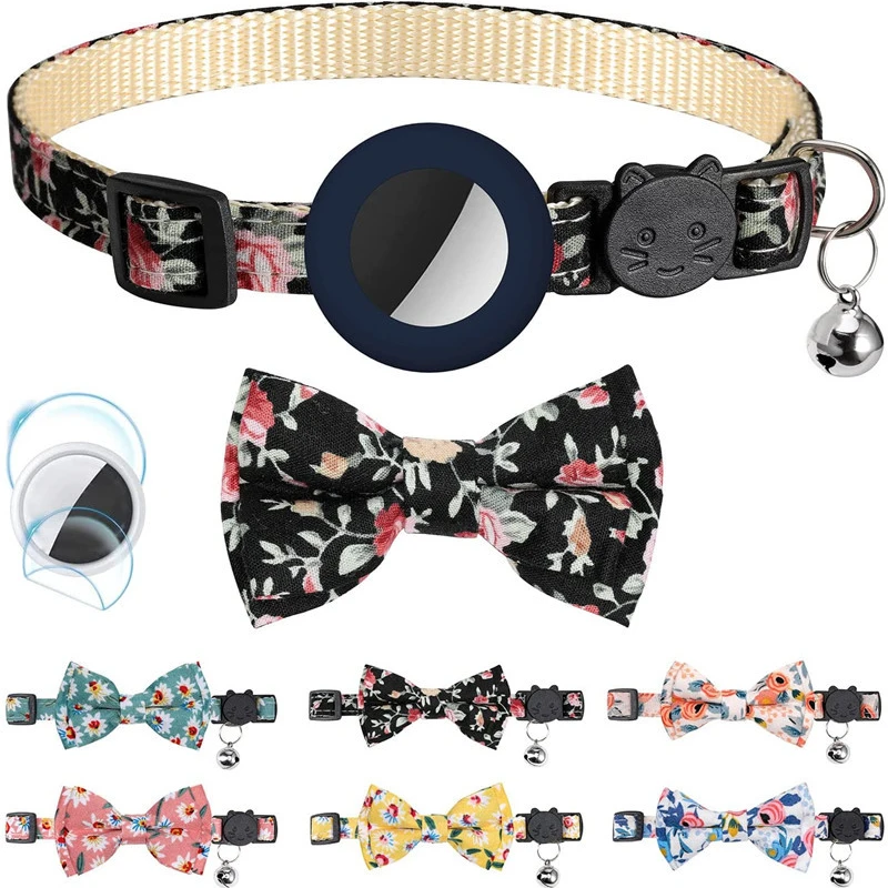 

CAWAYI KENNEL Nylon Dog Collar for Dogs Cats Print Air Tag Pet Fashion Design Adjustable Training Bow-knot Cat Collars with Bell