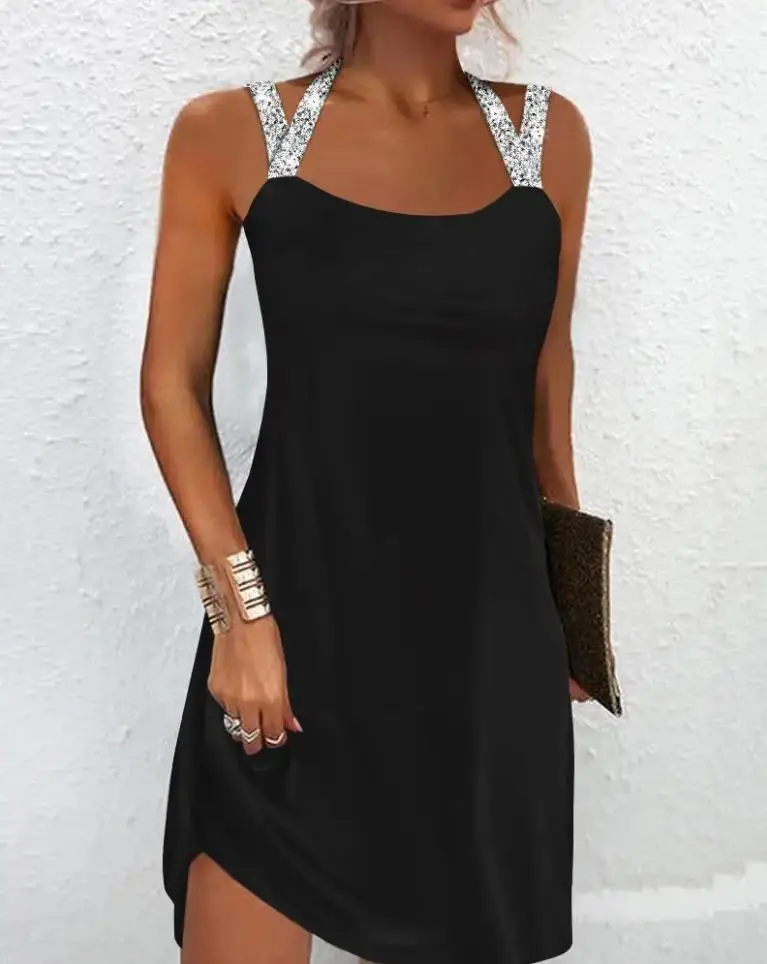 

Dresses for Women 2022 Summer Glitter Tape Patch Halter Casual Sleeveless Plain Fashion Mini Daily Straight Dress