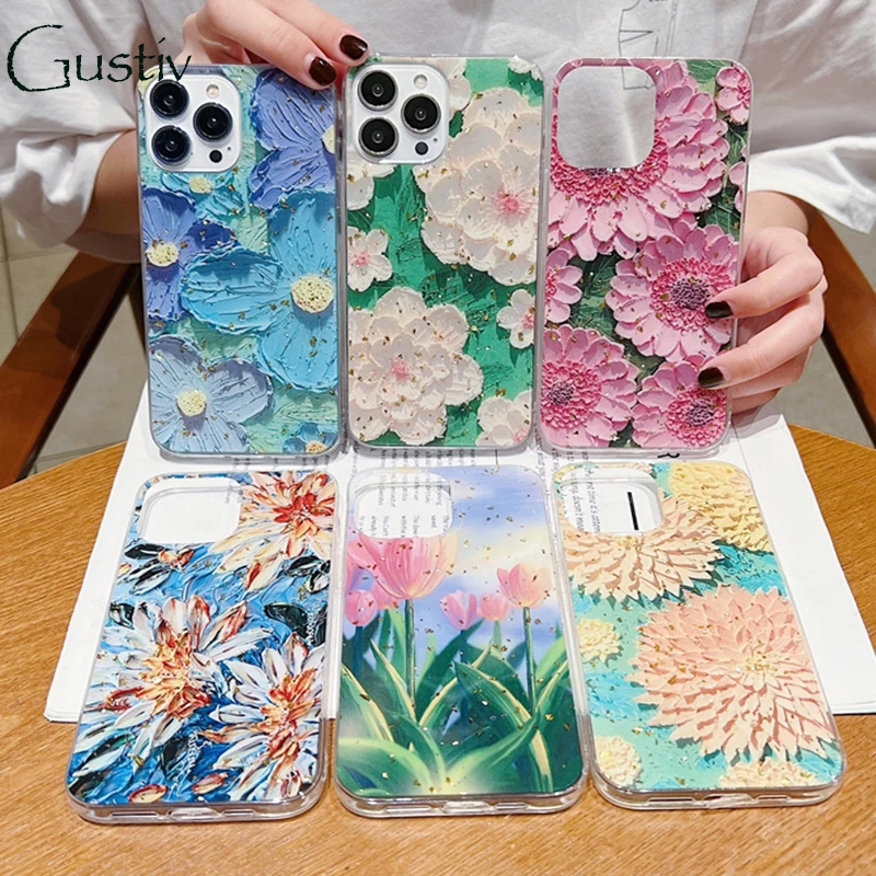 

3D Oil Flower Painting for iphone 12 pro max case fantastic shockproof for iPhone 13 mini 11 12 Pro X XS XR smart phone cases