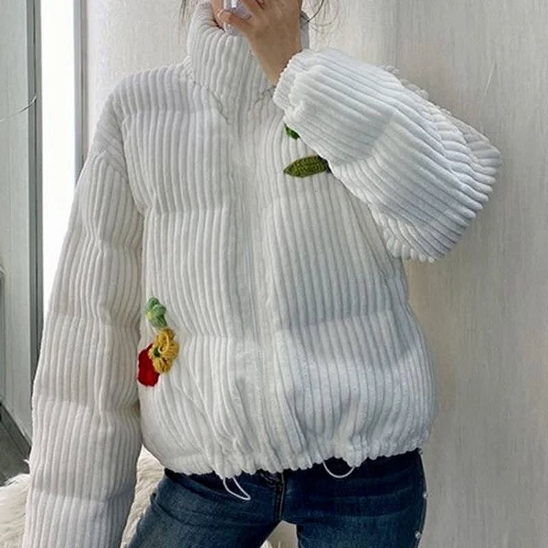 2022 Corduroy Kawaii Girl French Retro Cute Jacket Loose Short Down Jacket Winter Girl Sweet Flower Embroidered Cotton Jacket