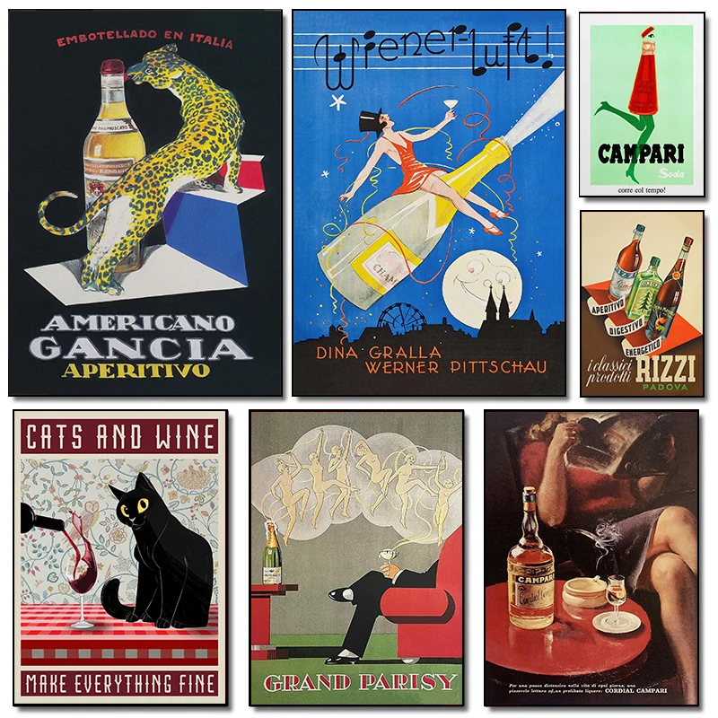 Винтажный постер с изображением пищи напитков шампанского красного вина Absinthe