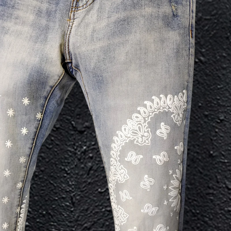 Street Fashion Men Jeans High Quality Retro Elastic Stretch Skinny Ripped Jeans Men Printed Designer Hip Hop Brand Pants Hombre