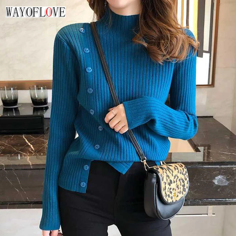 WAYOFLOVE Winter Basic Turtleneck Women Sweaters Button Tops Slim Pullover Women Bottoming Knitted Sweater Jumper Soft Warm Pull