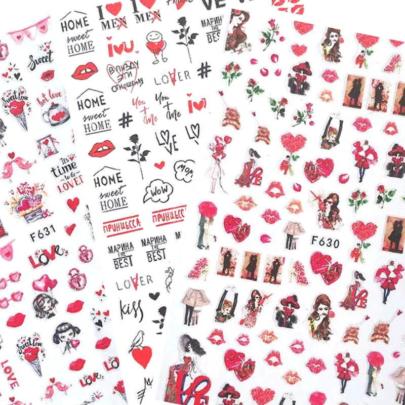 

10PCS Valentine's Day 3D Cartoon Stickers Love Red Lips Nail Sticker Diamond Rose Comic Slider English Letter Nail Decals