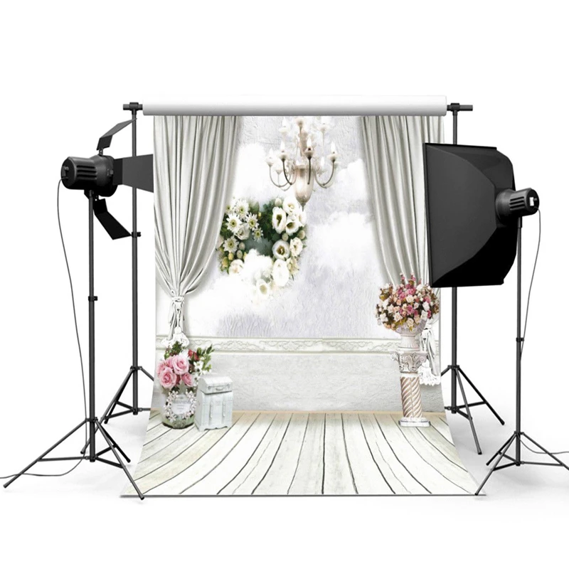 

2Pcs 5X7ft Beautiful Flower Palace/White Curtain Wedding Vinyl Photo Background Waterproof Printed Camera Photography Backdrop