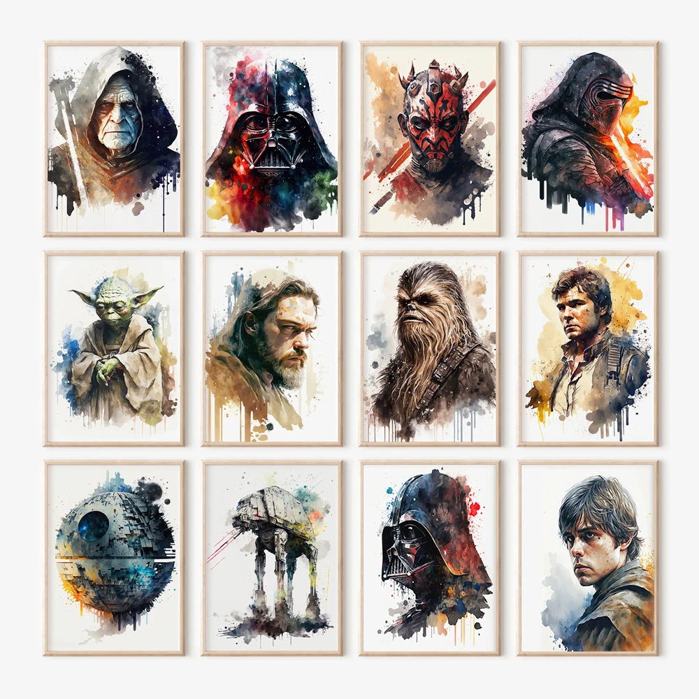 

Star Wars Peripheral Watercolor Poster Darth Vader Han Solo Kylo Ren Yoda Canvas Painting Wall Art Home Room Decor Birthday Gift