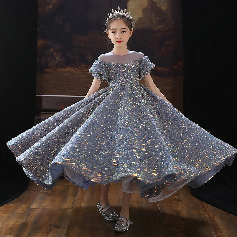 

Wedding Sequins Long Dress Girls Elegant Formal Ball Gown For Girls Child Party Prom Show Dress Princess Dress For 2-14Y