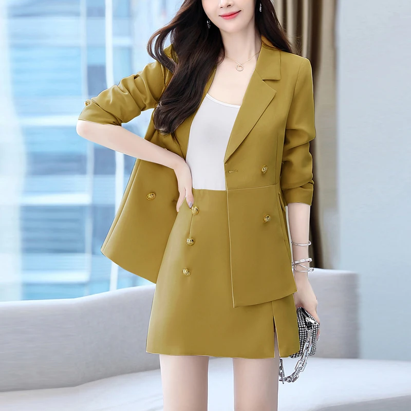 

Casual Blazer Women High Waist Mini Skirt Suit Double Breasted Blazer Coat Split Hip Straight Skirt Elegant Office Lady Blazer