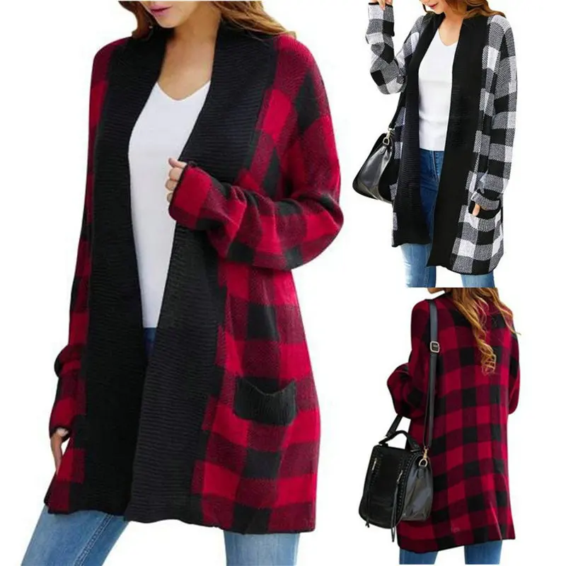 Женский вязаный кардиган в клетку Свободный большого размера на осень и зиму T107
