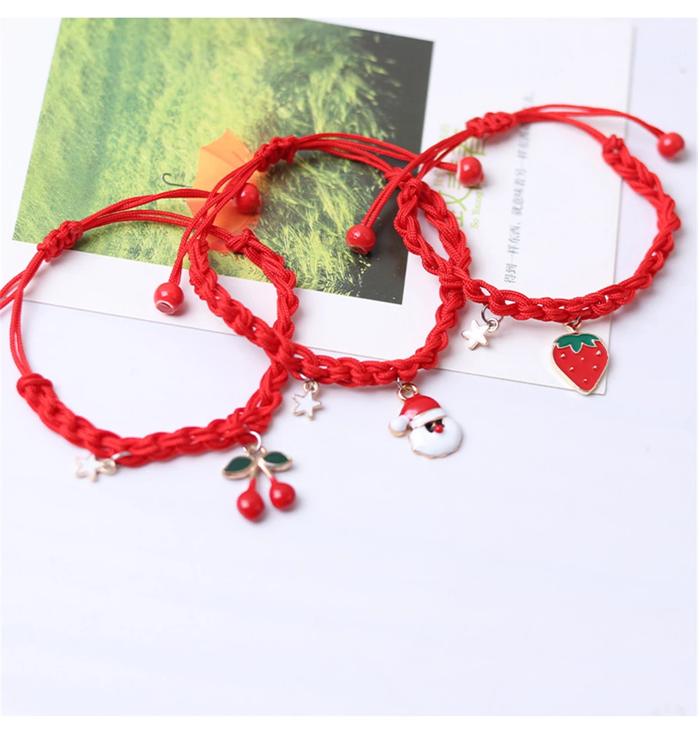 

Santa Claus Pendant Bracelet Christmas Red Handmade Braided Rope Bracelets for Women Strawberry Cherry Charm Bangle Jewelry Gift