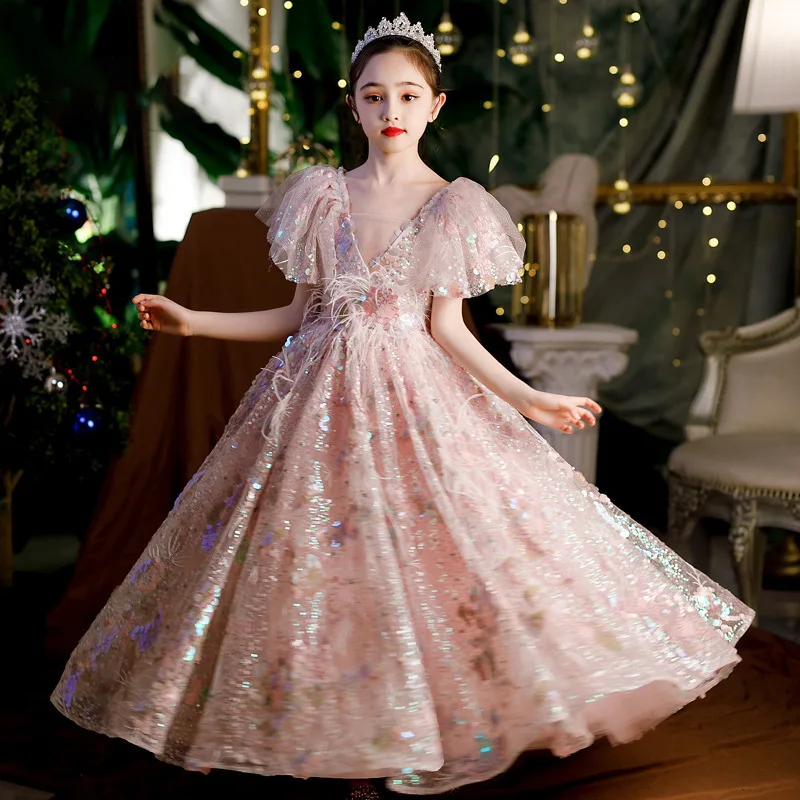 

Teenage Girl Dress Sequin Tulle Children Clothing Party Elegant Princess Long Tulle Girls Long Gown Wedding Ceremony Vestidos