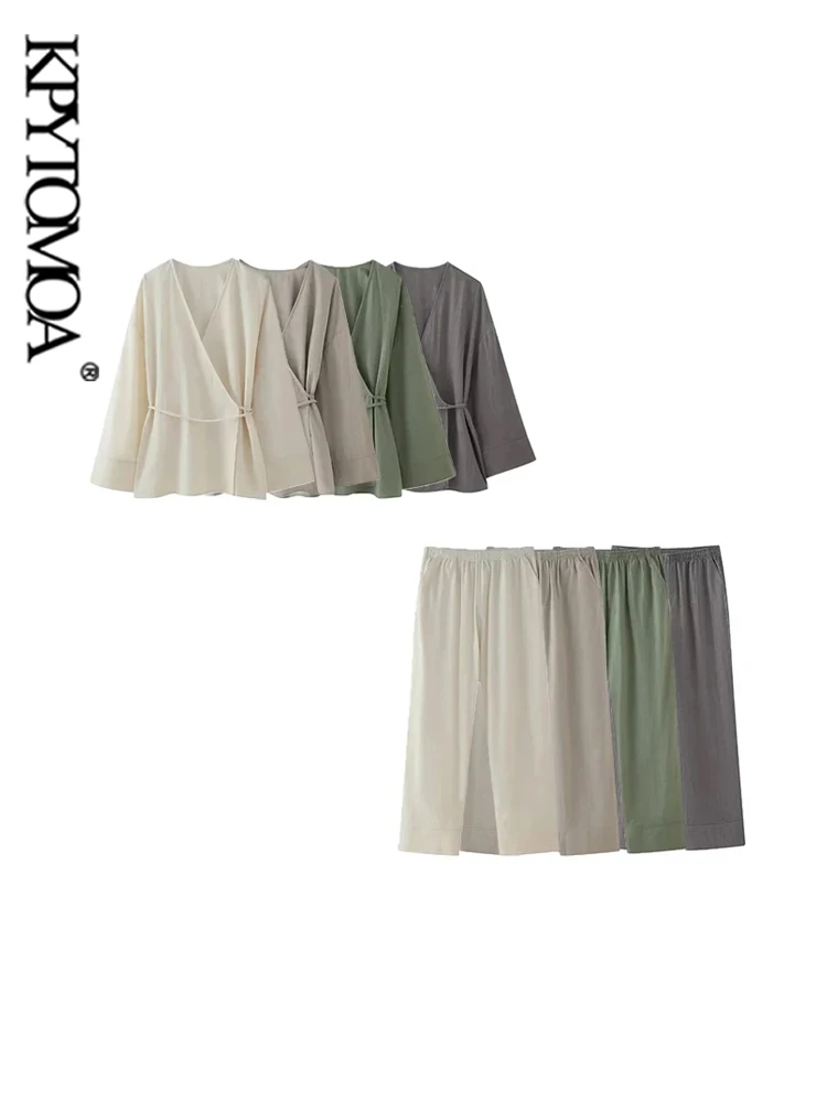 KPYTOMOA Женское Текстурированное Кимоно Комплект Из Блузки И Брюк