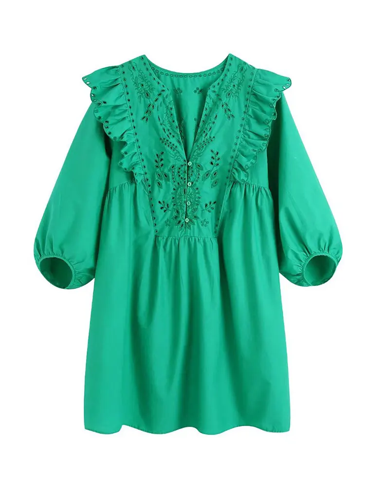 

Nlzgmsj Za 2022 Spring Fashion Tide Women V-neck High Waist Ruffles Solid Color Simple Style Dress Women 202203
