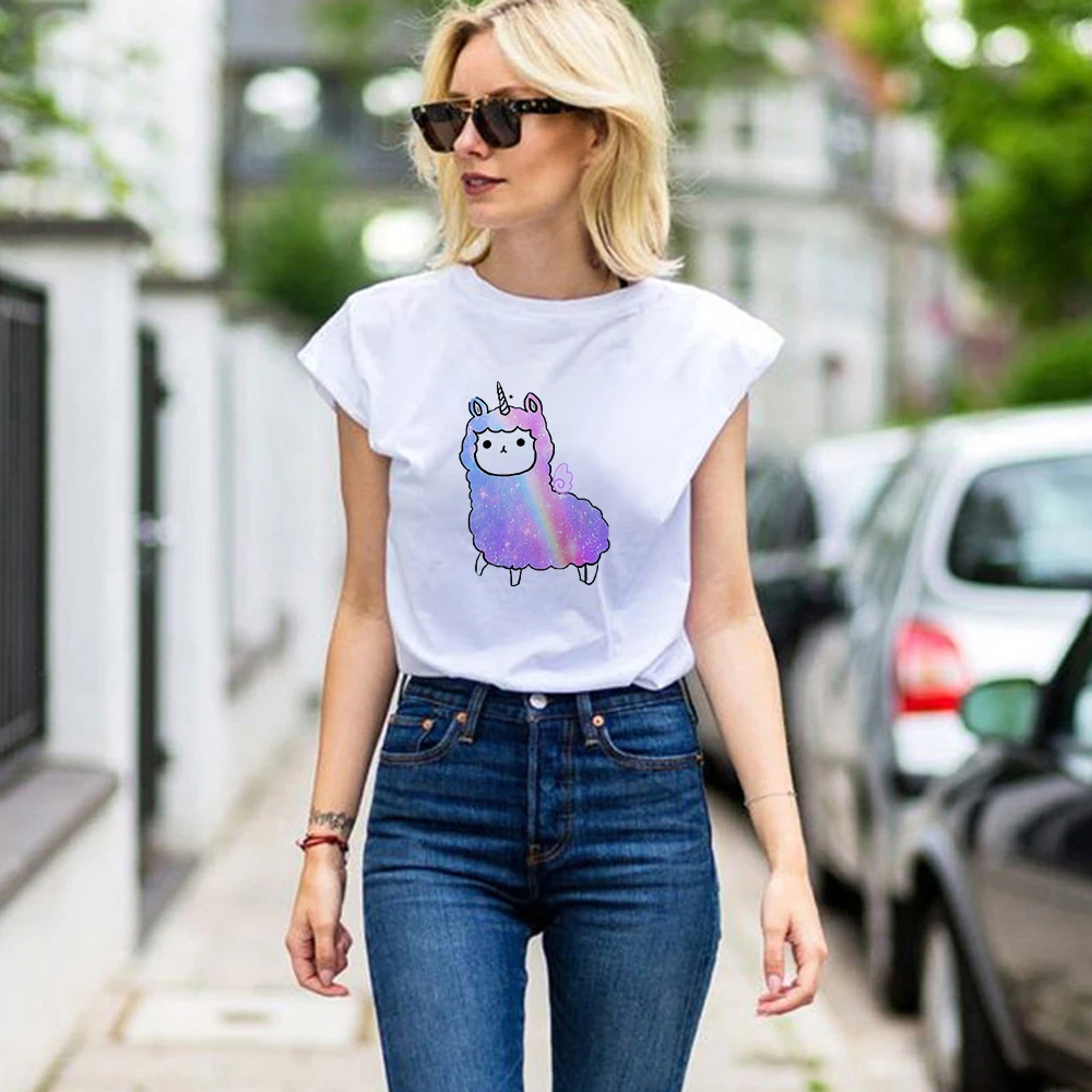 

2022 Women's T-shirts Funny Cute Alpaca Print Design Refreshing Simple Summer Street Fashion Tops Young Casual Hipster Clothes